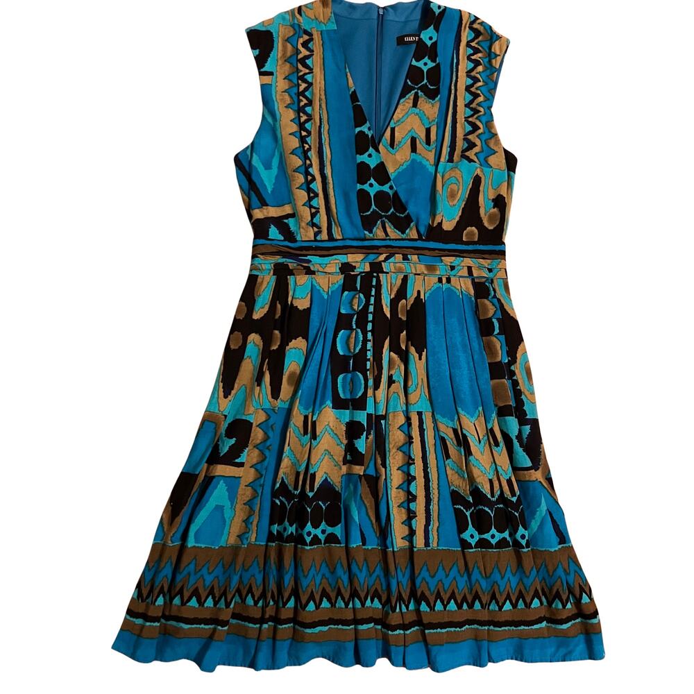 Ellen Tracy Geometric Print Sleeveless Dress Turquoise Black Fit Flare Size M